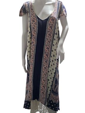 Anthropologie Maeve Summertide Mixed Print Maxi Dress Large Lace Hem Boho Swing
